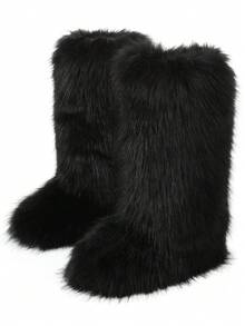 Women's Winter Furry Snow Boots For Women Fuzzy Fluffy Round Toe Suede Booties Flat Heel Slip On Outdoor Indoor Shoes EdgyElongate Fashion Warm Fluffy Christmas Shoes - 黑色長款 - 查看 2