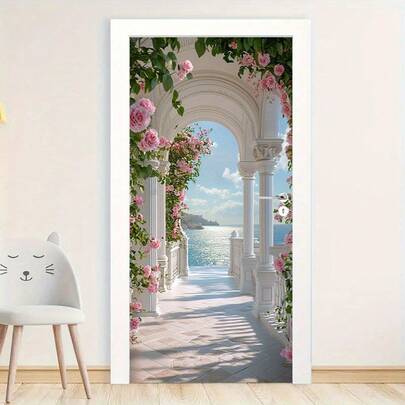 1 Set/2 Pieces Removable Modern Wall & Door Stickers - High Quality Paper Art Decals Of Pink Rose Path By The Sea, Suitable For Bedroom, Living Room, Corridor Decoration, Seascape Illusion, Tranquil Art, Decorative Stickers Wall Stickers Wall Sticker Home Decor Room Decor