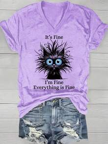 Women's V-Neck Short Sleeve T-Shirt Quirky Cat Adorable Puffy Cat Theme! "Everything Is Fine" Fun Graphics, The Best Choice For Holiday Gifts - Màu tím - Xem 1