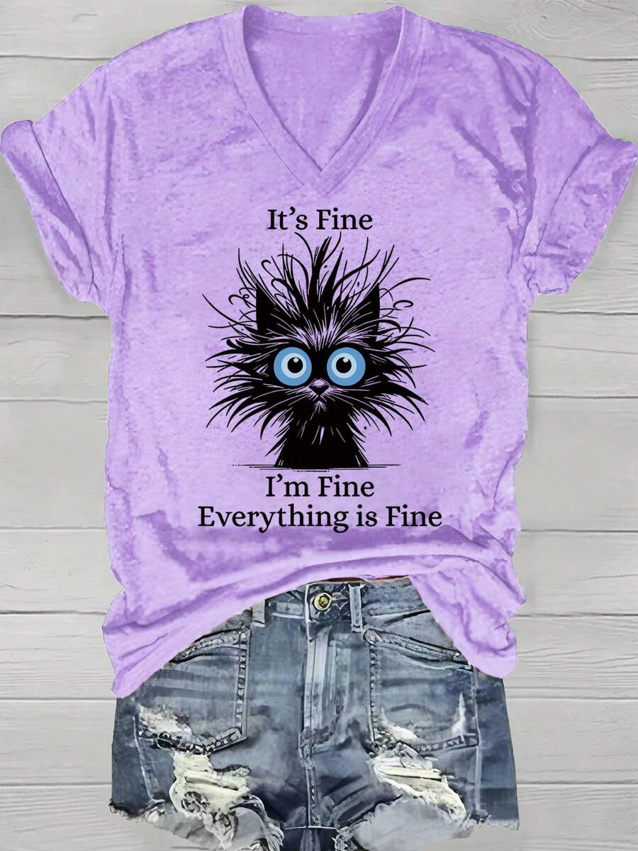 Women's V-Neck Short Sleeve T-Shirt Quirky Cat Adorable Puffy Cat Theme! "Everything Is Fine" Fun Graphics, The Best Choice For Holiday Gifts - Màu tím - Xem 1