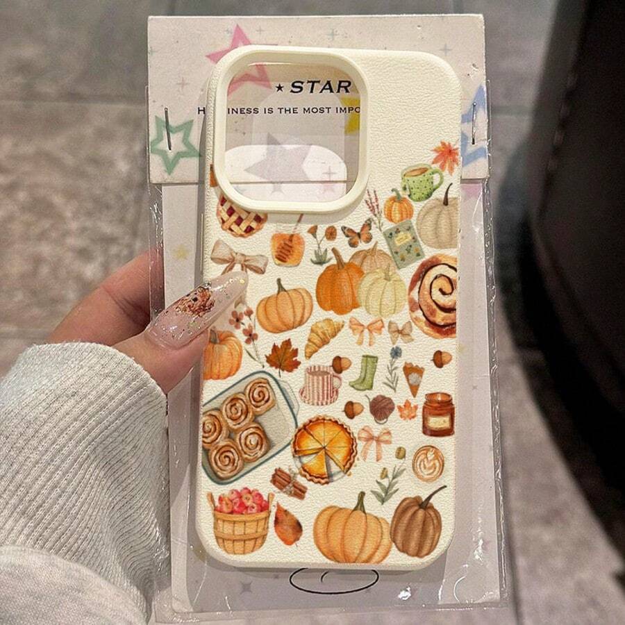 1 pieza Funda de teléfono de material TPU con patrón de elemento de ambiente de Acción de Gracias de cosecha de otoño, compatible con iPhone/teléfonos, resistente al agua, a los golpes, a las caídas y a los arañazos - Blanco - Ver 1