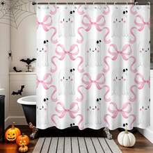 Pink Halloween Shower Curtain For Bathroom, Cute Bow Skull Ghost Shower Curtain Halloween Bathroom Decor Waterproof Fabric Bath Curtain With 12 Hooks - 36x72inch, 48x72inch, 60x72inch, 66x72inch - 粉色 - 查看 1