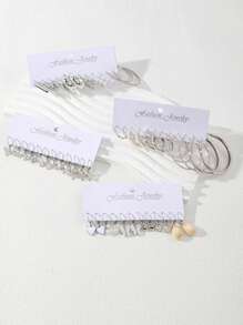 48/24/12 件时尚精致的多元素吊坠耳环，包含蝴蝶、仿贝壳、心形、锁、蘑菇、花朵形状、极简几何方块、大圈、扭曲 C 形耳环、优雅仿珍珠耳饰，适合女性日常搭配、约会、派对，也是理想的节日珠宝礼物 - 銀色 - 查看 6