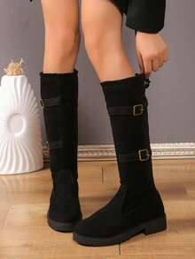 1 双青少年女孩秋冬新款高帮厚底靴，百搭低跟圆头休闲及膝靴 - 黑色 - 查看 1