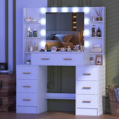 Makeup Dressing Table With Mirror,7 Drawers & Storage Shelves,3 Color Modes & Adjustable Brightness LED Mirror Makeup Table, Bedroom Furniture,Gift For Girls Women