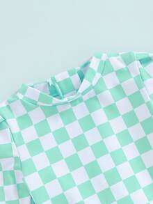 Girls Bikini Beach Swimwear Long Sleeve Checkerboard Print Ruffle Romper Bathing Suit - Verde - Ver 5
