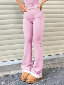 2pcs/Set Trouser Style Yoga Pants For Women Elastic Waist Gym Workout Flare Leggings Casual High Waisted Bootcut Yoga Pants - 白色+粉紅色 - 查看 9