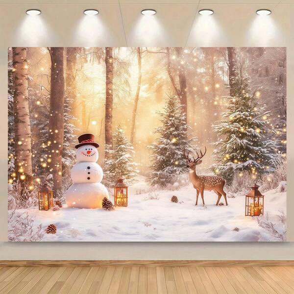 A Christmas Wonderland Forest, With Snowmen And Reindeer, Creating A Festive And Warm Atmosphere. Perfect As A Photo Backdrop Or Party Banner, Suitable For Birthdays, Weddings, Festivals, And Christmas Parties.