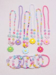 12pcs/Set Girls Cute Multicolor Flower Pendant Charm Beaded Necklace & Bracelet Jewelry Set, Suitable For School, Holiday Party, Birthday Gift, Random Color - Multicolor - View 4