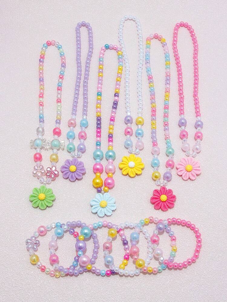 12pcs/Set Girls Cute Multicolor Flower Pendant Charm Beaded Necklace & Bracelet Jewelry Set, Suitable For School, Holiday Party, Birthday Gift, Random Color - Multicolor - View 4