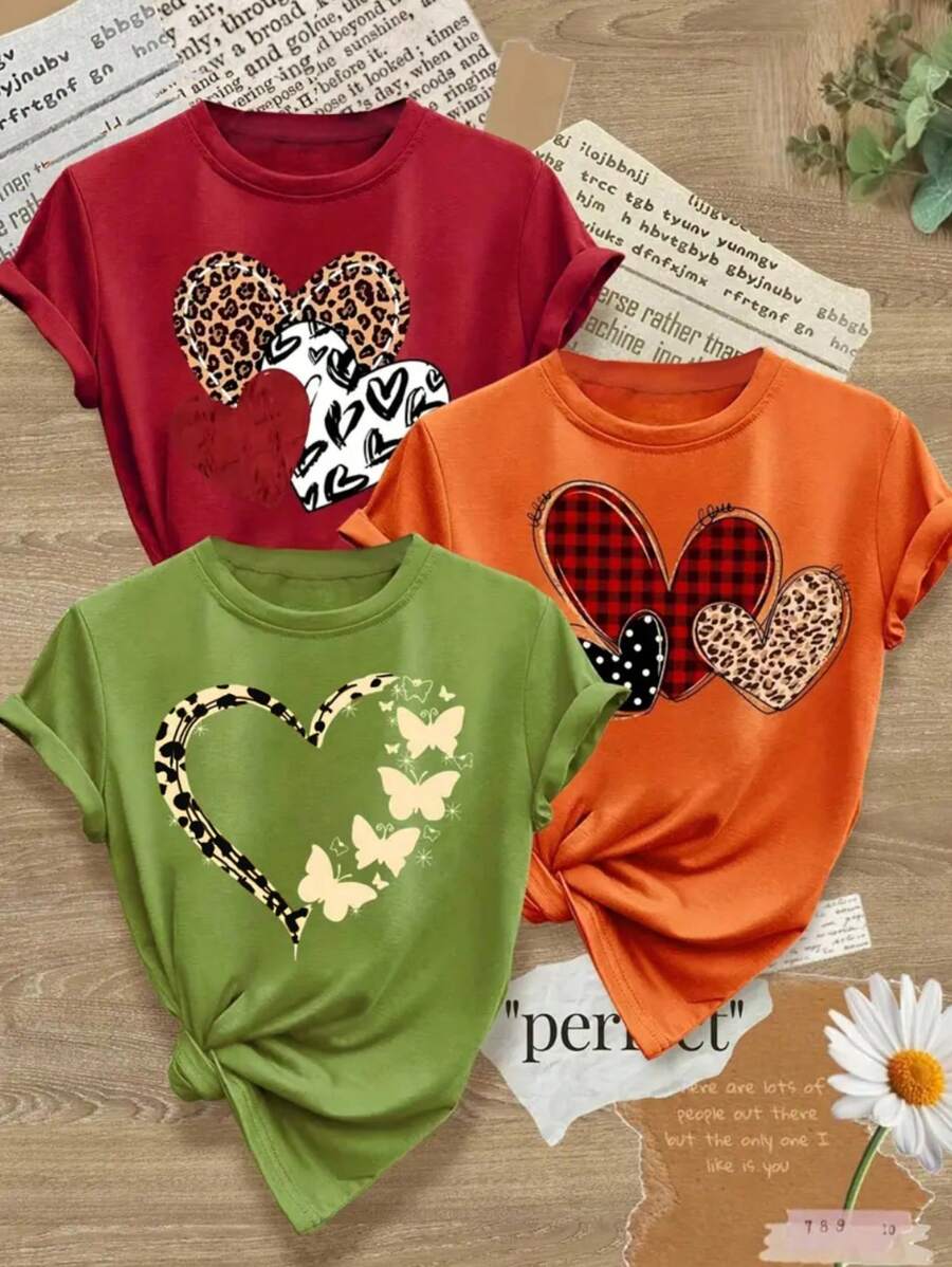 3pcs Women Funny T-Shirt Set, Orange Crew Neck Tee, Green Tee, White Tee, Fashionable Sporty Casual Tops - Multicolor - View 1