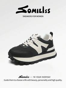 somiliss 1 Pair Women's Lace-Up Casual Sports Shoes, Comfortable Running Sneakers, Fashion Platform 5cm Low-Top Outdoor Walking Shoes, New Autumn Collection Black & White - Black - View 3