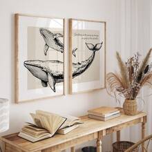 1/2pcs Frameless Vintage Whale Mother & Baby Print, Beige Coastal Wall Art With Canvas Texture, Inspirational Ocean Quote Poster For Beach House & Nursery Decoration
