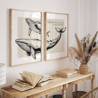 1/2 piezas Impresión vintage sin marco de ballena madre e hijo, arte de pared costero beige con textura de lienzo, póster con cita inspiradora del océano para decoración de casa de playa y guardería
