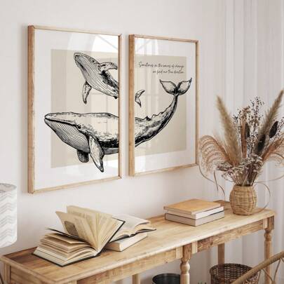 1/2pcs Frameless Vintage Whale Mother & Baby Print, Beige Coastal Wall Art With Canvas Texture, Inspirational Ocean Quote Poster For Beach House & Nursery Decoration