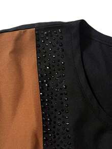 Women's Modern Fashionable Color Block Arabic Robe, High-Waist Rhinestone Embellished Robe, Dignified And Elegant Spring Black - Black - View 8