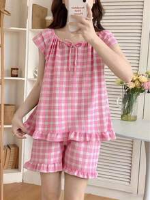 AICJ 2 件女式格子印花睡衣套装 - 柔软蝙蝠袖、前系带、圆领上衣、短裤、宽松版型、鲜艳印花设计、时尚春夏季睡衣套装 - 粉色 - 查看 4