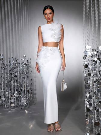 New Luxury Handmade Beaded 3D Floral Design Shiny Sequins & Sequins Embellished Sleeveless Top + Skirt 2 Piece Set, Fashion Sexy Formal Outfit For Party, Wedding, Banquet