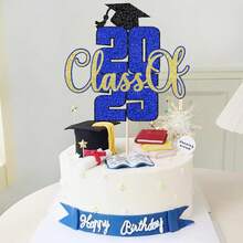 Glitter Class Of 2025 Cake Topper, Congrats Grad 2025/Congrats Class Of 2025/Congratulations, 2025 Graduation Party Decorations Supplies - Dark Blue Gold - 查看 7