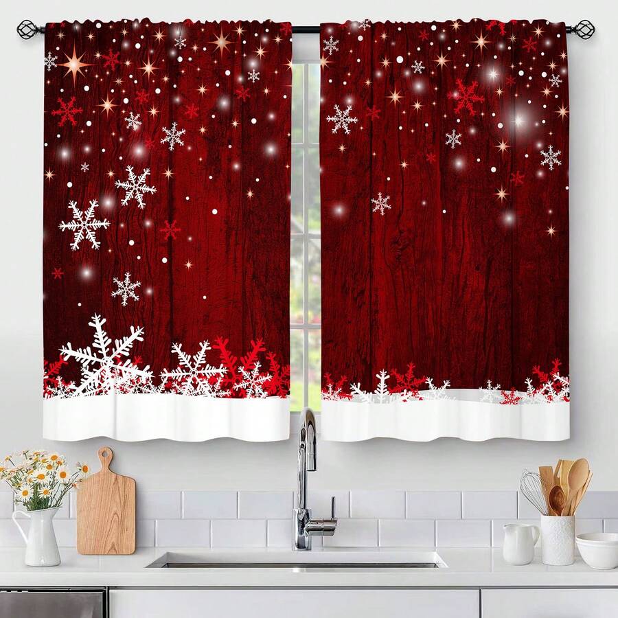 2pcs Red Christmas Themed Small Window Curtains, Digital Printed Holiday Mini Curtains, 27.5*45inch  Christmas Decor  Christmas Decorations Christmas Decoration Home Decor Room Decor - Red - View 1