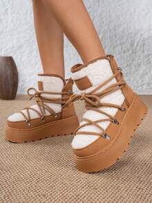 Girl Snow Boots, New 2025 Fleece Thickened Round Toe Lace-Up Fashion Warm Winter Outdoor Boots