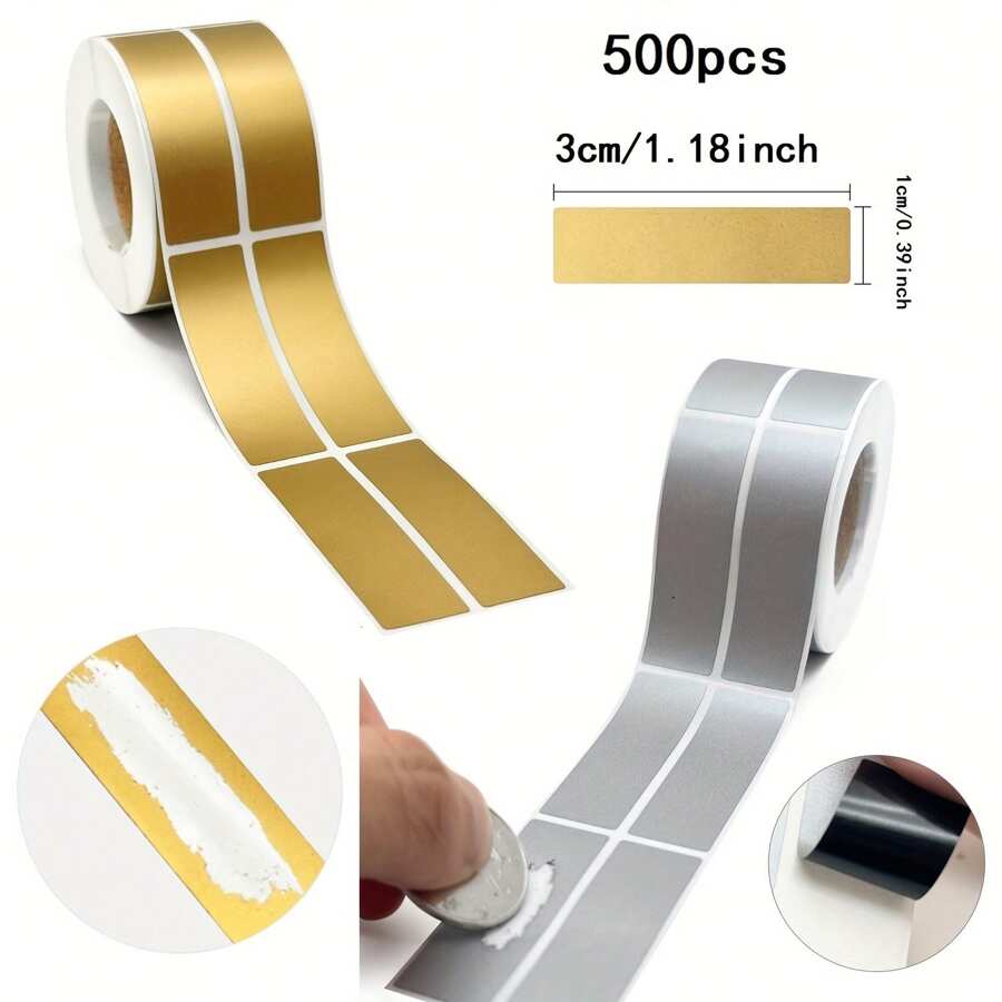 500pcs/Roll Sticker Sheets, Size: 1.18*0.39 Inches, Office Stickers, Scratch-Off Sticker Rolls, Rectangular Shape, Available In Gold And Silver, Coated Scratch-Off Film, Suitable For DIY Party, Event, Gift And Scratch Card Reward Stickers, Can Hide Text Codes.