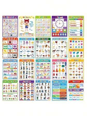 Educational Posters For Children - English Learning Theme, Cognition, Time, Fruits, Colors, Animals, Body Parts. Preschool Educational Toys With Flashcards. Classroom Decor, Teaching Aids, Room Decor, Poster Set