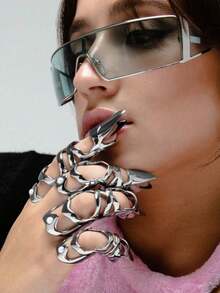 1/3pcs Fashionable Long Rings, Punk Armor Knuckle Rings With Inlaid Pearl Sharp Claw Finger Jewelry - Multicolor - View 8