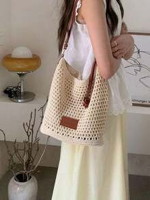 海滩度假编织托特包，2025新款镂空单肩包，大容量通勤购物手提包 - 米色 - 查看 7