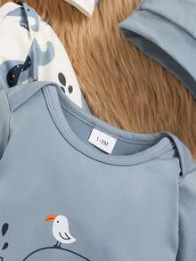 2pcs Baby Girl Blue Solid Long Sleeve Jumpsuit + Elephant Allover Print Jumpsuit Set With Hat, Cute, Autumn/Winter - Blue - View 4