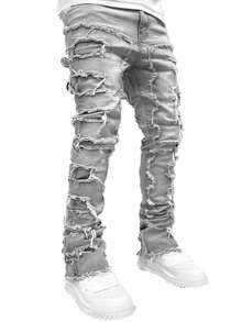 Celana Jeans Denim Berumbai Kreatif Gaya Jalanan Kasual Pria - Grey - View 2