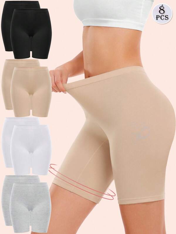 8PCS Women's Solid Color Stretch Yoga Fitness Shorts, Comfortable Basic Style High Waist Smooth Boxer Shorts, Everyday Safety Pants