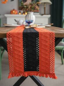 1 pièce Chemin de table tissé pour Halloween, nappe à rayures orange avec franges ajourés, convient pour Halloween, festivals quotidiens, rassemblements, fêtes, décoration de la maison, fond pour la photographie - Multicolore - Voir 2