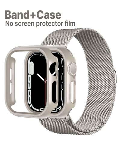 2 件 表带和 表壳，时尚创意设计不锈钢网眼透气舒适磁扣可调节星光色 表带和星光色无屏保护壳，全面保护兼容 Ultra 3/2/1、系列 S10/S9/S8/S7/S6/S5/S4/S3/S2/S1，38mm/40mm/41mm/42mm/44mm/46mm/45mm/49mm，男女时尚新品