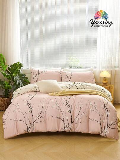3pcs/Set Pink Beige Two Tone Reversible Plum Blossom Branch Flower Pattern Duvet Cover Set Easy Care Microfiber Soft Bedding Set Soft Breatheable Wrinkle-Free Better For Sleep, Luxury Hotel Style, Gift For Mom Dad Friend, Quilt Comforter Duvet Cover*1 Pillowcase*2 King Queen Full Twin Size Domitory Bedding Back School Bedding