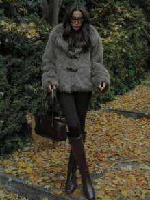 Women Elegant Faux Fur Winter Coat Solid Turn Down Collar Long Sleeves Thick Coats Woman Long Sleeve Loose Warm Jacket