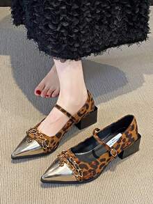 Tacones de plataforma con hebilla metálica, estampado de leopardo y bloque de color, puntera puntiaguda, estilo coreano de tacón alto, tacones medios tipo Mary Jane para mujer