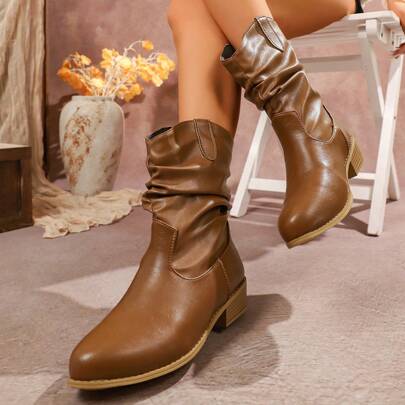 Women's Mid-Calf Fashion Boots, Chunky Heel Retro Riding Boots, Low Heel Mid-Calf Boots, Versatile Casual Ankle Boots For Women