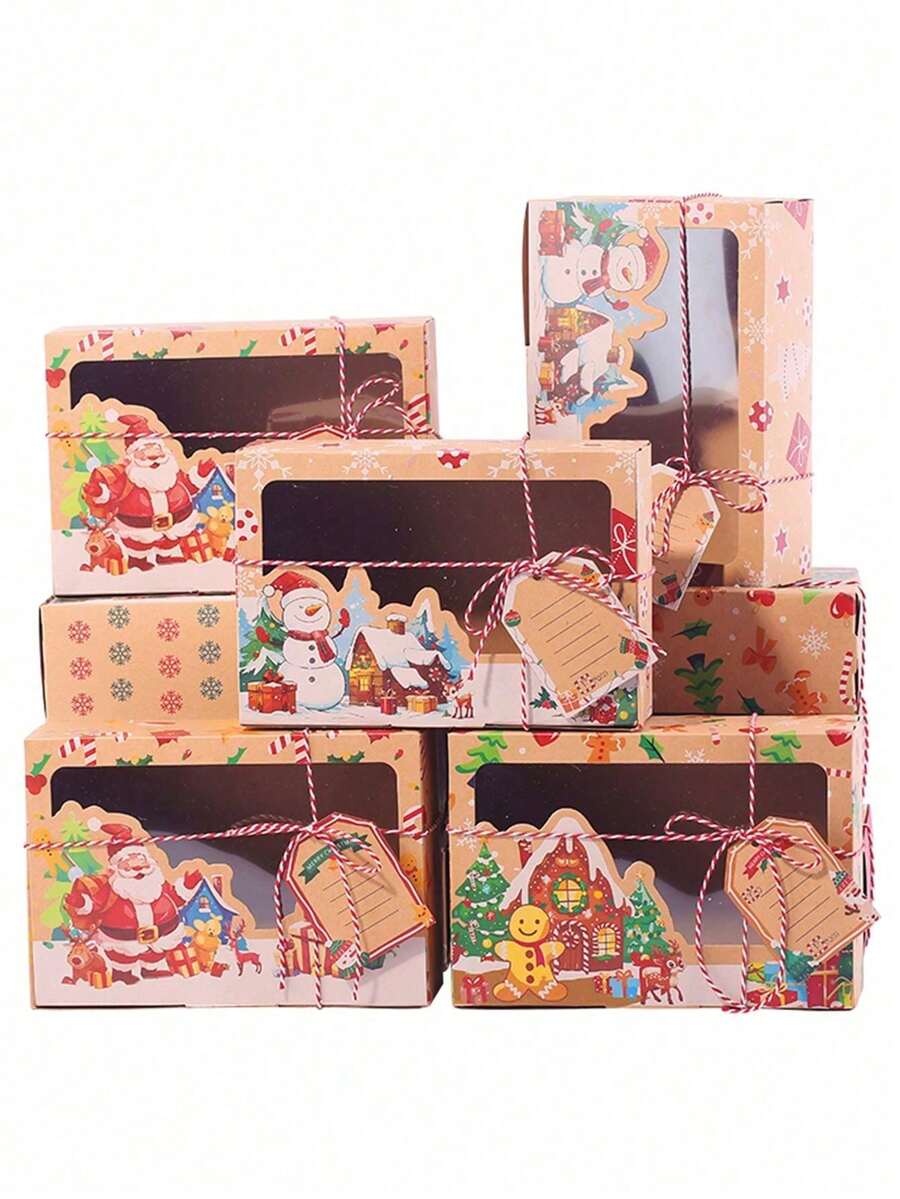 3 件/6 件/9 件/12 件/包牛皮纸礼品盒，带 PVC 窗口，用于圣诞糖果、饼干、零食、派对礼物 - 包括丝带和卡片圣诞节圣诞装饰品圣诞睡衣圣诞礼物圣诞装饰 - 彩色 - 查看 1