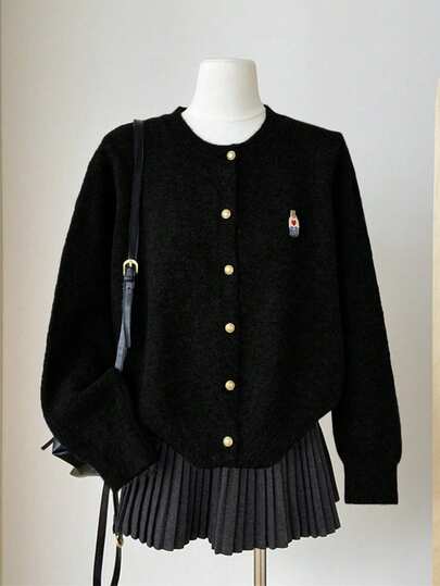 2024秋季新款女款小熊刺绣针织开衫单排扣圆领休闲长袖毛衣外套