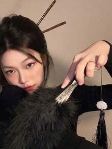 1把新款中国复古黑色羽毛蕾丝折扇，旗袍扇，流苏复古风，生日装饰扇，休闲简约风，适合日常使用 - 彩色 - 查看 5