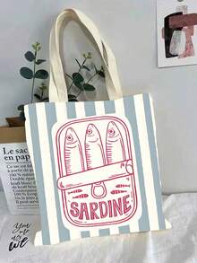 Bộ 1 túi tote, túi xách và túi đựng mỹ phẩm tái sử dụng dành cho nữ - Túi mua sắm bằng polyester in hình hộp cá mòi sọc hồng và xanh lá cây tối giản, thiết kế quai đeo vai cố định, phù hợp cho đi biển, dã ngoại, mua sắm và đựng thực phẩm. - Nhiều màu - Xem 6