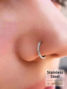 1pc Elegant 18K Gold Plated Stainless Steel Zirconia Inlaid Nose Ring, Hinged Closure Cartilage Spiral Earring Lip Ring, Body Piercing Jewelry, Inner Diameter Options: 6mm/8mm/10mm/12mm, Diameter: 16G/1.2mm/18G/1.0mm