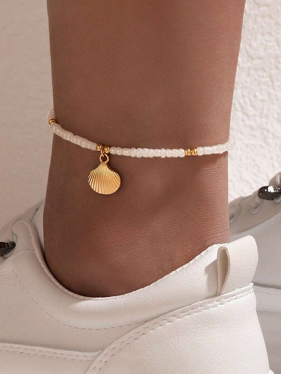 Semplici e alla moda caviglie con perline a singolo strato, caviglie con perline di riso in stile da spiaggia