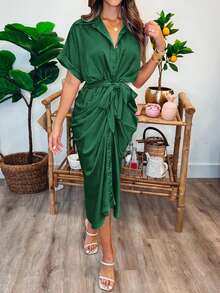 Women's Satin SIlky Button Down Ruched Shirt Dresses Short Sleeve Lapel V-Neck Belted Dress Elegant Spring Summer Wedding Evening Valentine Long Midi Dress - 深綠色 - 查看 4