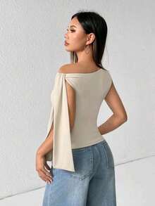 Elegant Suplex T-Shirt Top With Asymmetrical Shoulders And Straps, Ideal For Daily Use, Outings, Nightclubs, Parties, Halloween Costumes - 米色 - 查看 5