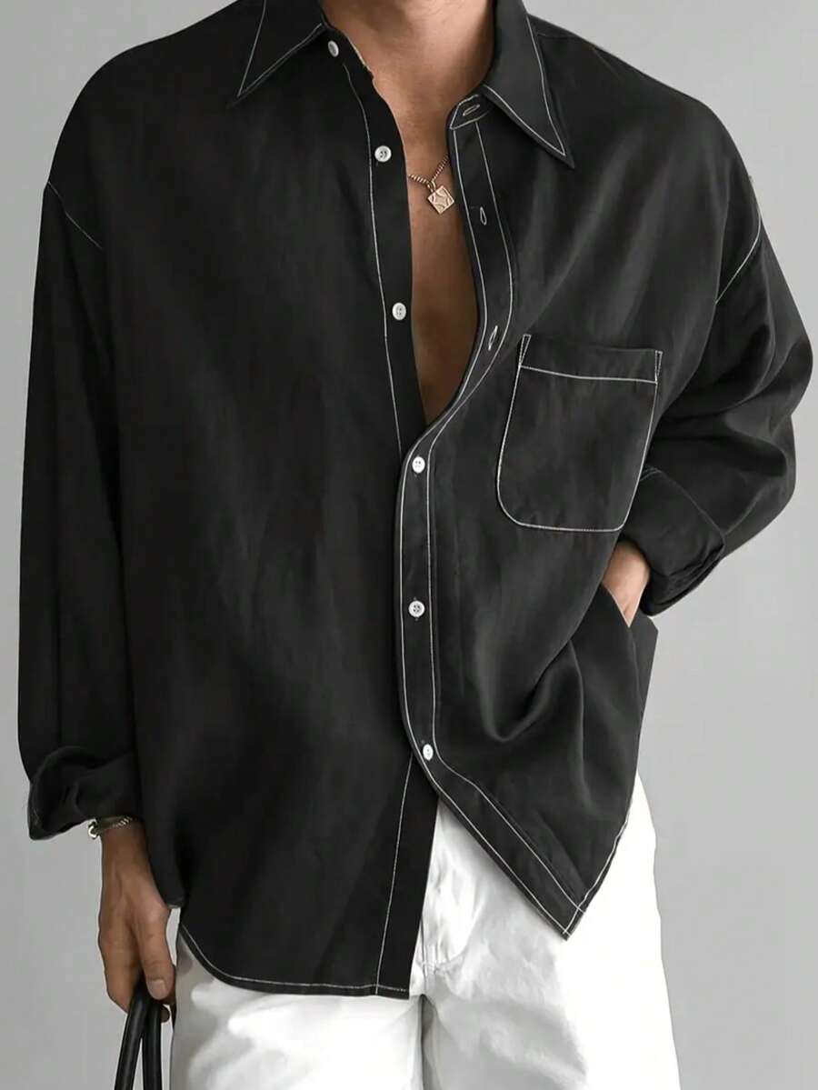 Áo sơ mi rộng rãi, dáng suông, túi trước, đường may mềm mại, phong cách đại học, thời trang thường ngày mới nhất năm 2025 dành cho nam, thích hợp mặc hàng ngày, đi nghỉ, ngày lễ và nhiều dịp khác nhau, mùa thu - Đen và trắng - Xem 1