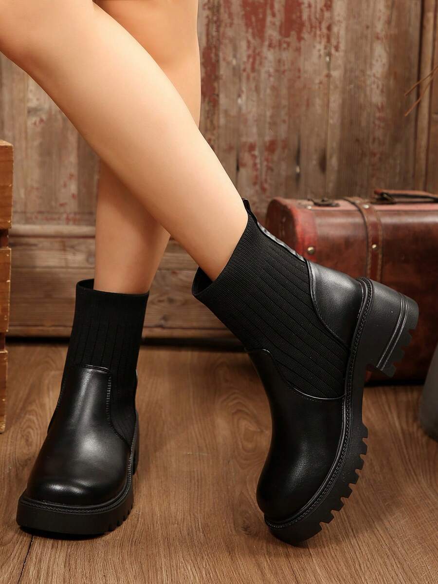 女士秋冬时尚黑色切尔西靴，复古弹力针织拼布短靴，舒适厚底靴，适合返校季、散步和日常穿着 - 黑色 - 查看 1