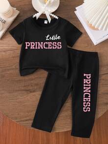 Conjunto de top de manga corta y pantalones con estampado de letras para bebé niña, primavera/verano