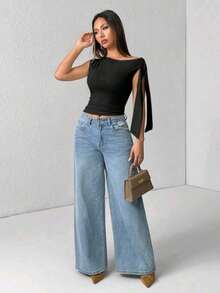 Elegant Suplex T-Shirt Top With Asymmetrical Shoulders And Straps, Ideal For Daily Use, Outings, Nightclubs, Parties, Halloween Costumes - 黑色 - 查看 1